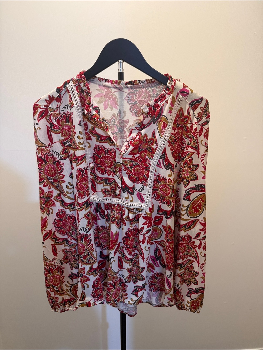 LOFT Red Floral Boho V-Neck Peasant Blouse